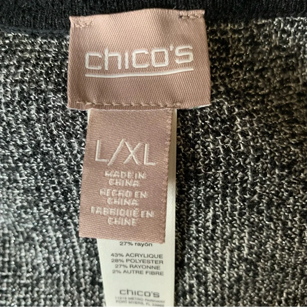 Chico’s Black White Metallic Geometric Boho Poncho Sweater Women’s Sz L/XL